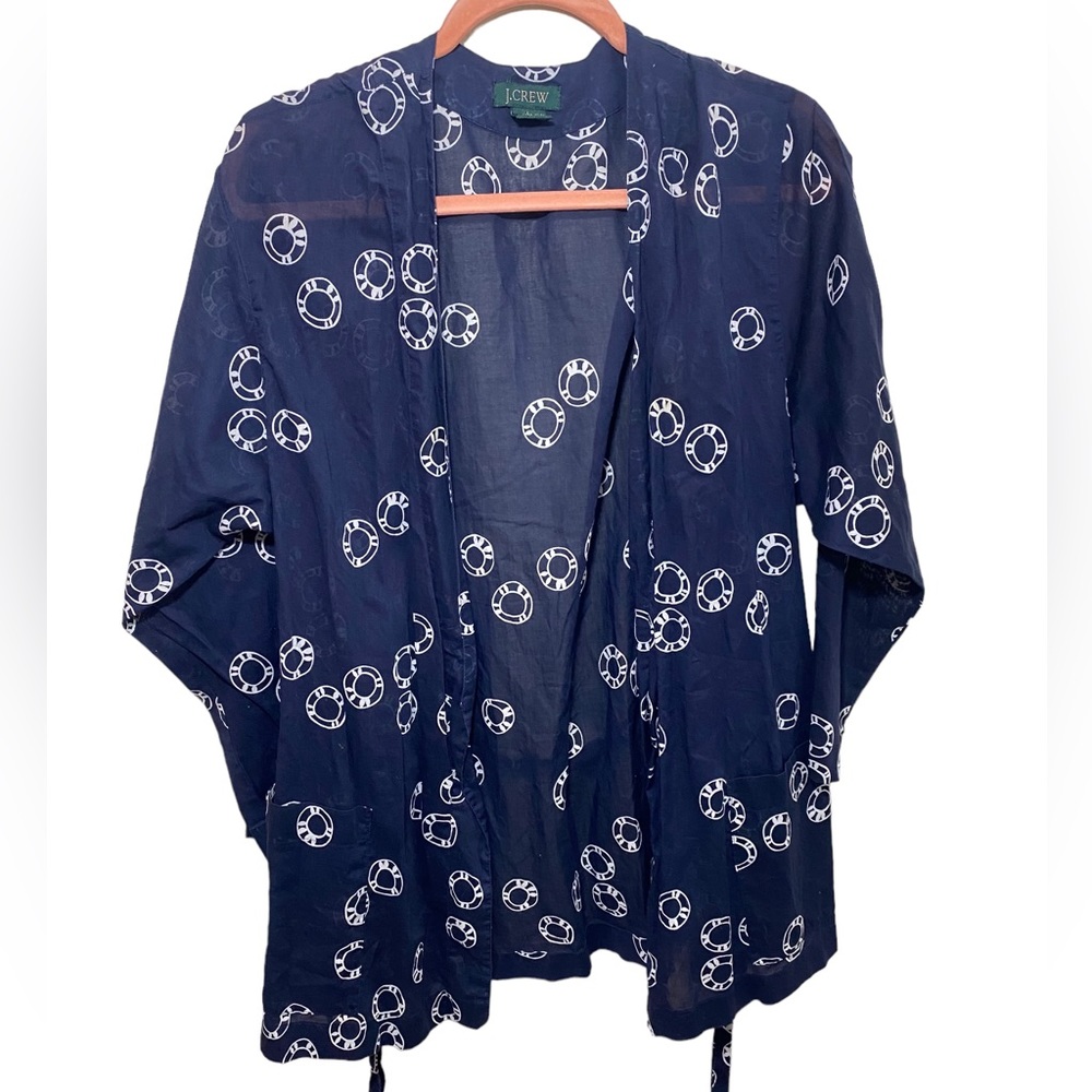 J Crew Kimono‎ Wrap Blue White tie tunic top size Large GUC